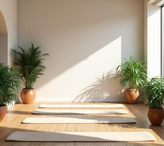 Zenaki Wellnessスタジオの内部、ヨガマットと植物が配置された穏やかな空間